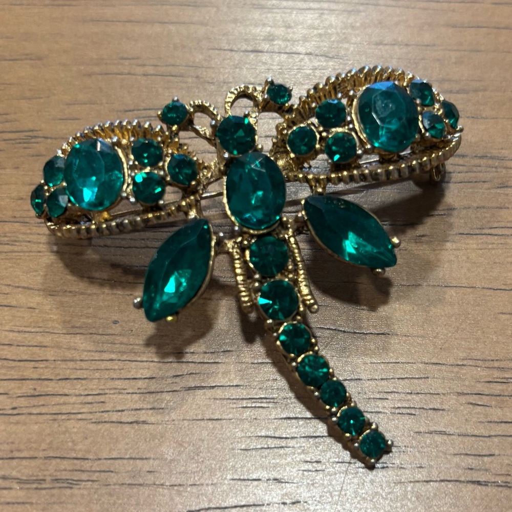 Elegant Gold and Green Dragonfly Brooch